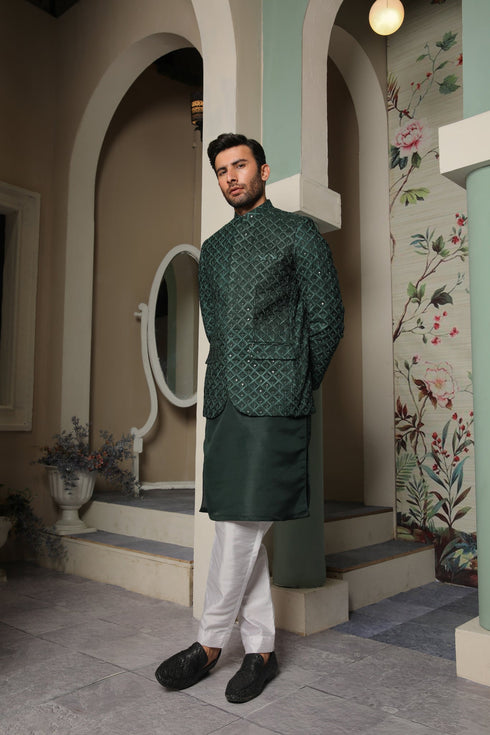 Dark Green Embroidered Princecoat Set - 3PC Desginerwear