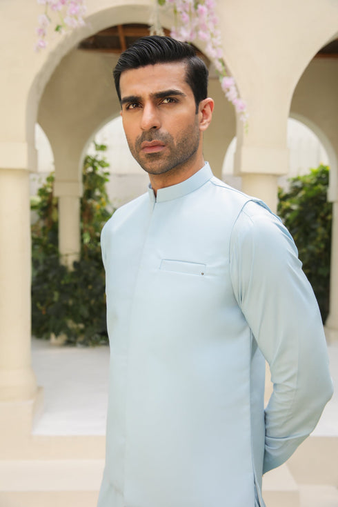 Sky Blue Kurta Trouser with Waistcoat - Men - 3PC