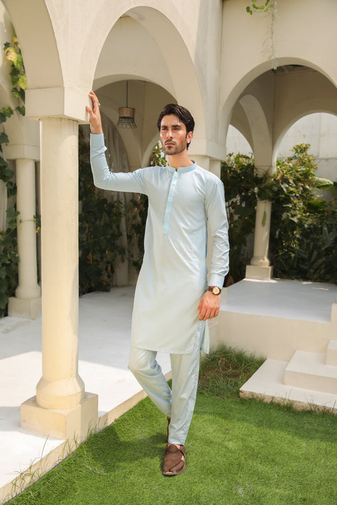 Sky Blue Kurta Trouser - Men - Collar Neck Embroidered