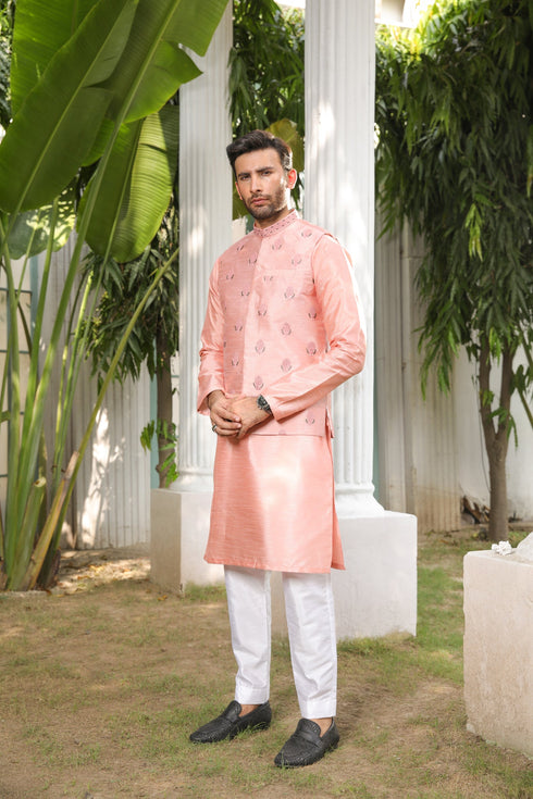 Peach Pink Embroidered - Waistcoat Set - 3PC Designerwear
