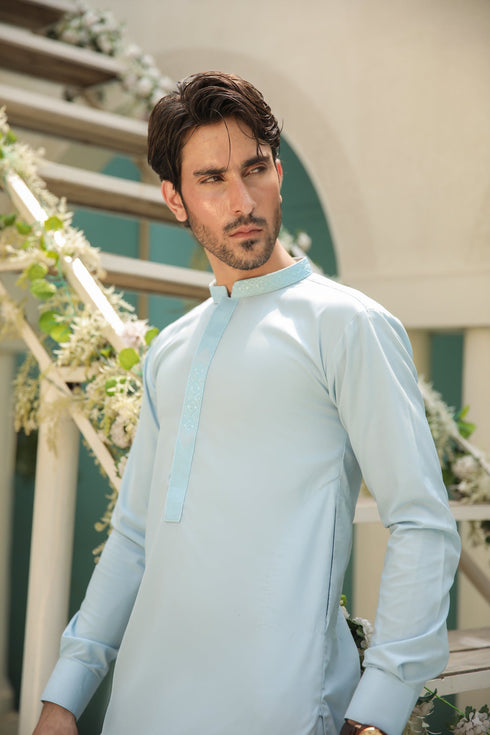 Sky Blue Kurta Trouser - Men - Collar Neck Embroidered
