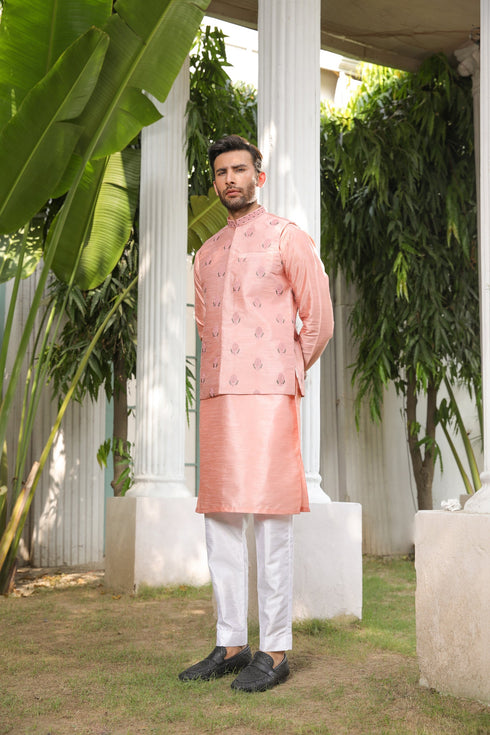 Peach Pink Embroidered - Waistcoat Set - 3PC Designerwear