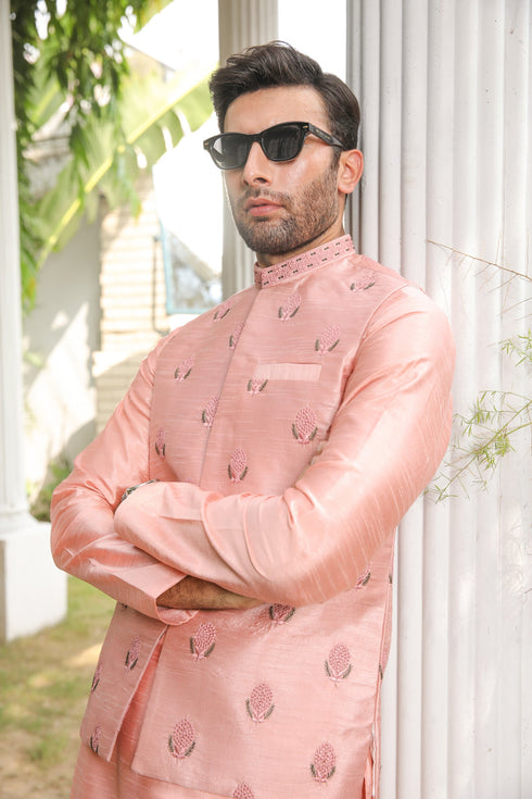 Peach Pink Embroidered - Waistcoat Set - 3PC Designerwear