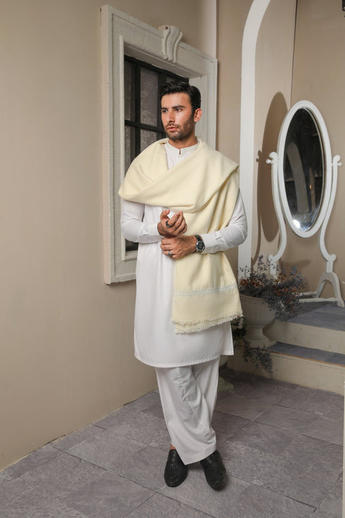 Bosky Wool Shawl with Off White Kameez Shalwar - Men - 3 Piece