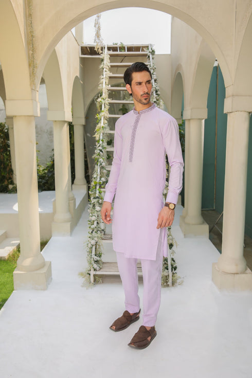Purple Kurta Trouser - Collar Neck Embroidered