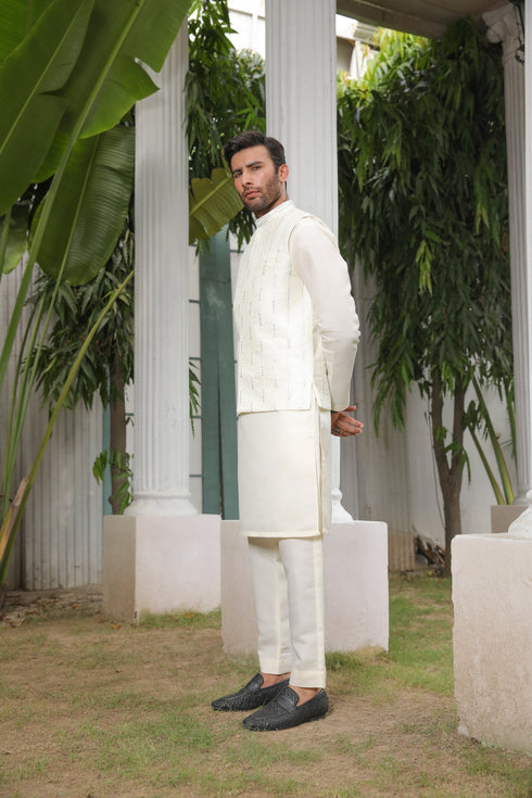 Bosky White Panni Embroidered - Waistcoat Set - 3PC Designerwear