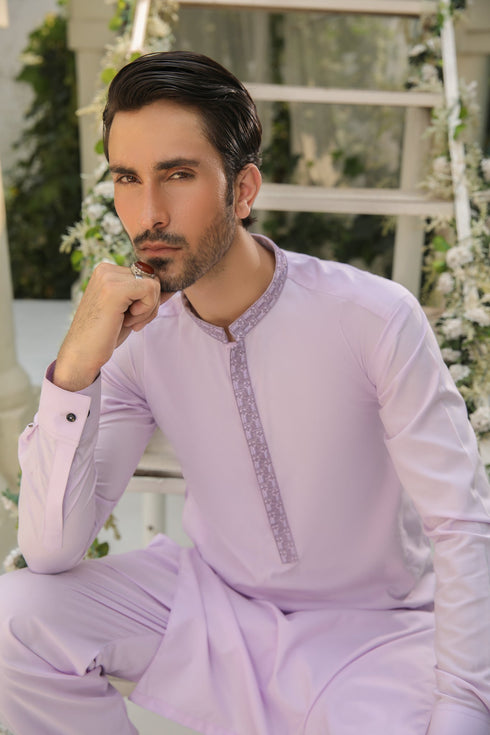 Purple Kurta Trouser - Collar Neck Embroidered