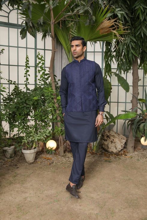 Navy Blue Embroidered - Waistcoat Set - 3PC Designerwear