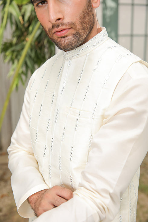 Bosky White Panni Embroidered - Waistcoat Set - 3PC Designerwear