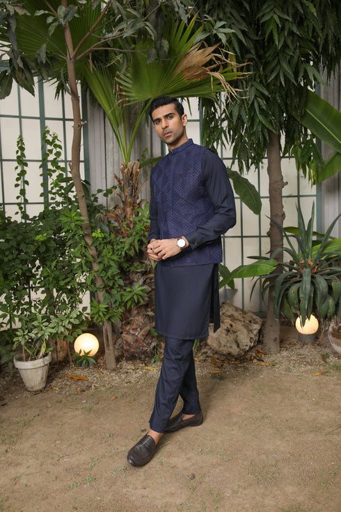 Navy Blue Embroidered - Waistcoat Set - 3PC Designerwear