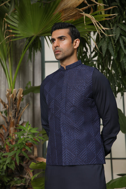 Navy Blue Embroidered - Waistcoat Set - 3PC Designerwear