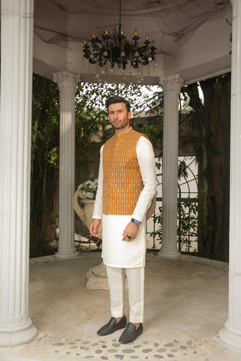 Apricot Embroidered - Waistcoat Set - 3PC Designerwear