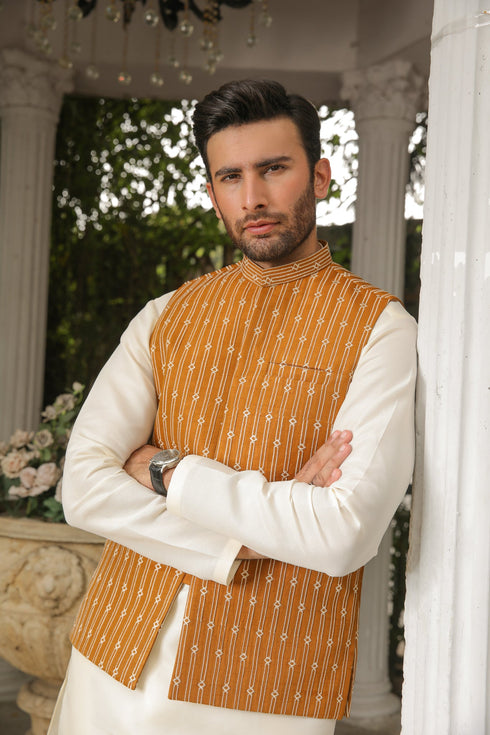 Apricot Embroidered - Waistcoat Set - 3PC Designerwear
