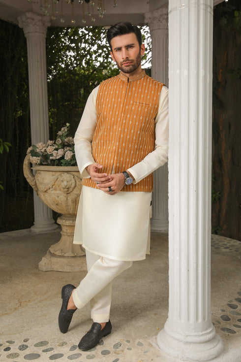 Apricot Embroidered - Waistcoat Set - 3PC Designerwear