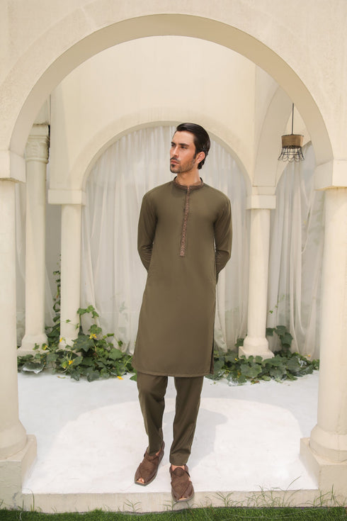 Olive Green Kurta Trouser - Men - Collar Neck Embroidered
