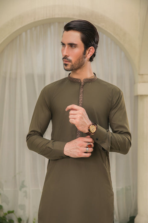 Olive Green Kurta Trouser - Men - Collar Neck Embroidered