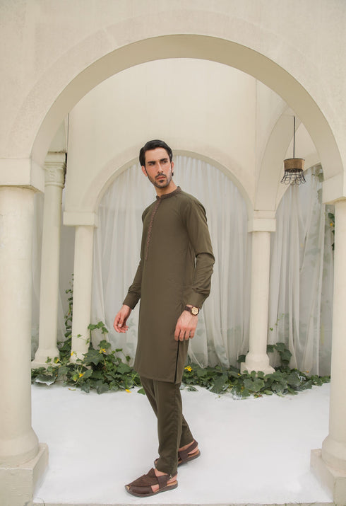 Olive Green Kurta Trouser - Men - Collar Neck Embroidered