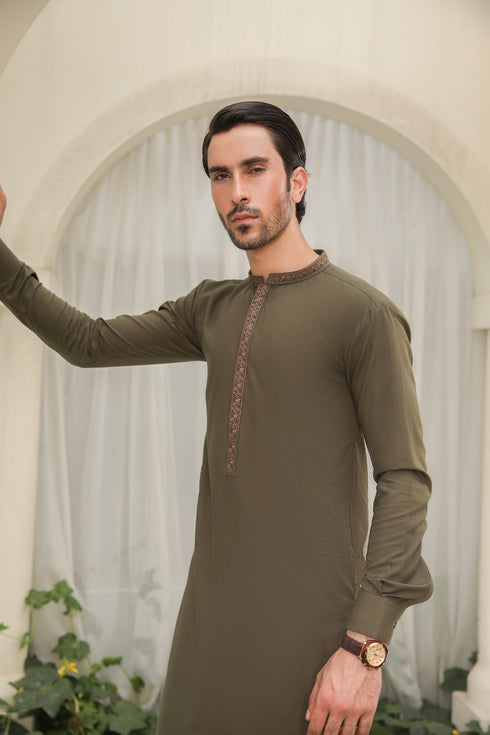 Olive Green Kurta Trouser - Men - Collar Neck Embroidered