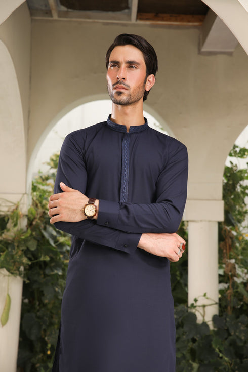 Navy Blue Kameez Shalwar - Men - Collar Neck Embroidered