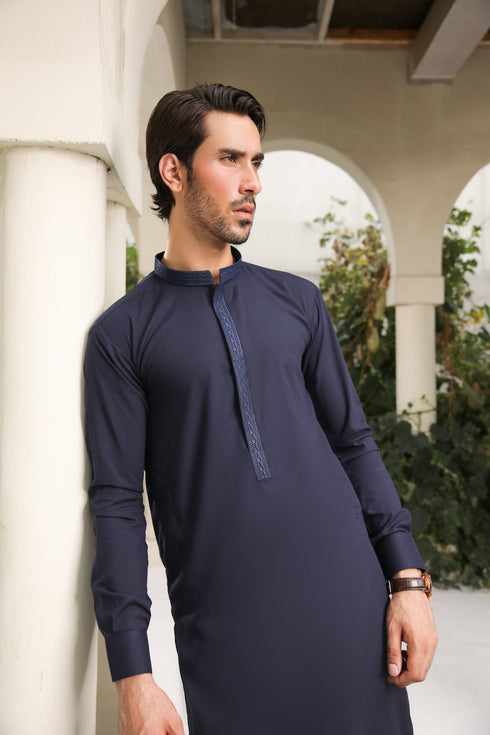 Navy Blue Kameez Shalwar - Men - Collar Neck Embroidered