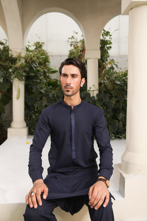 Navy Blue Kameez Shalwar - Men - Collar Neck Embroidered