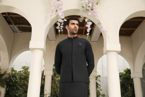 Midnight Black Kameez Shalwar with Waistcoat - Men - 3PC
