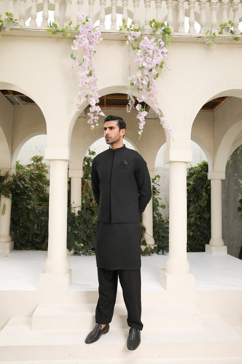 Midnight Black Kameez Shalwar with Waistcoat - Men - 3PC