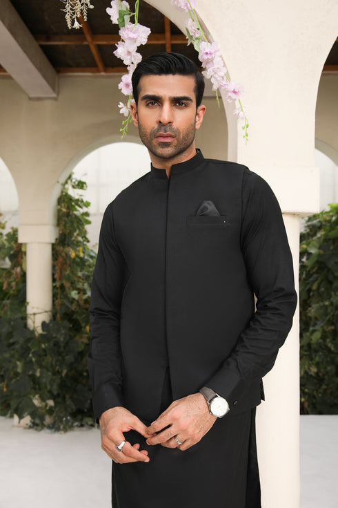 Midnight Black Kameez Shalwar with Waistcoat - Men - 3PC
