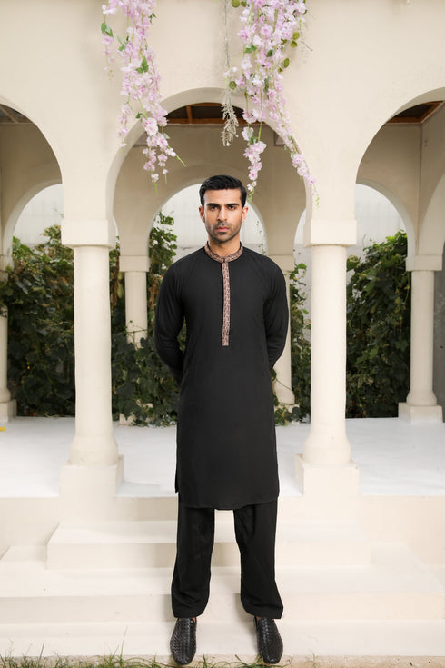 Midnight Black Kameez Shalwar - Men - Collar Neck Embroidered