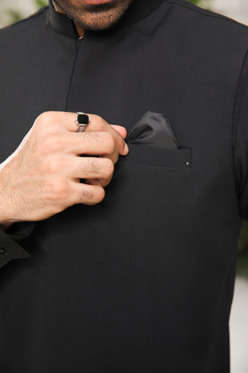 Midnight Black Kameez Shalwar with Waistcoat - Men - 3PC
