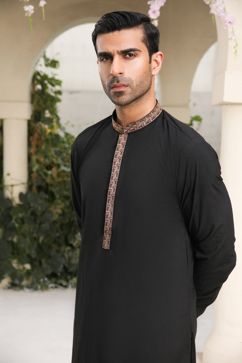 Midnight Black Kameez Shalwar - Men - Collar Neck Embroidered