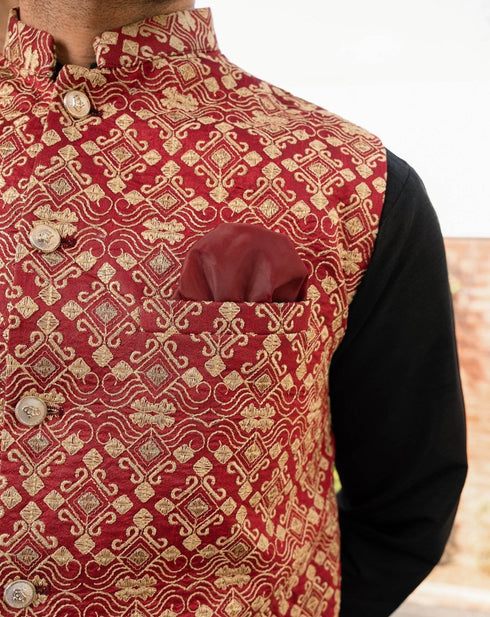 Red Embroidered - Waistcoat Set - 3PC Designerwear