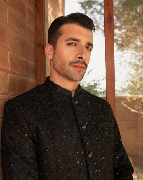 Sequin Black Embroidered - Prince Coat Set - 3PC Designer
