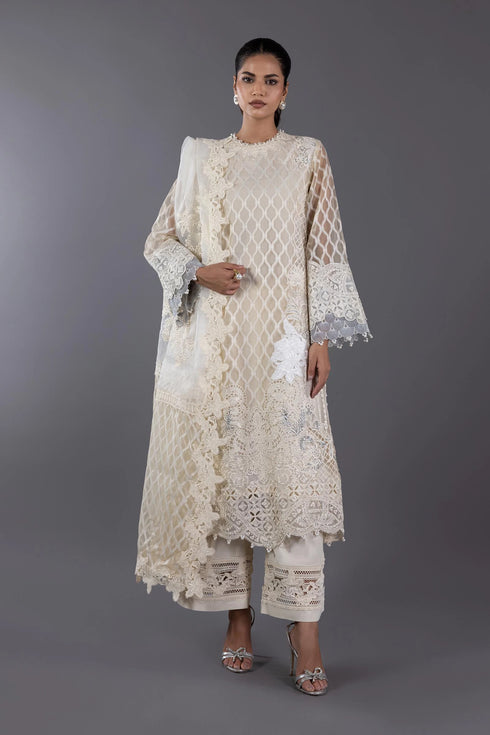 Stitched Organza Embroidered Shirt + Culotte+ Dupatta
