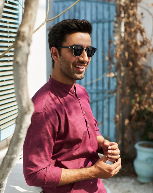 Textured Wine Cotton Kurta Trouser