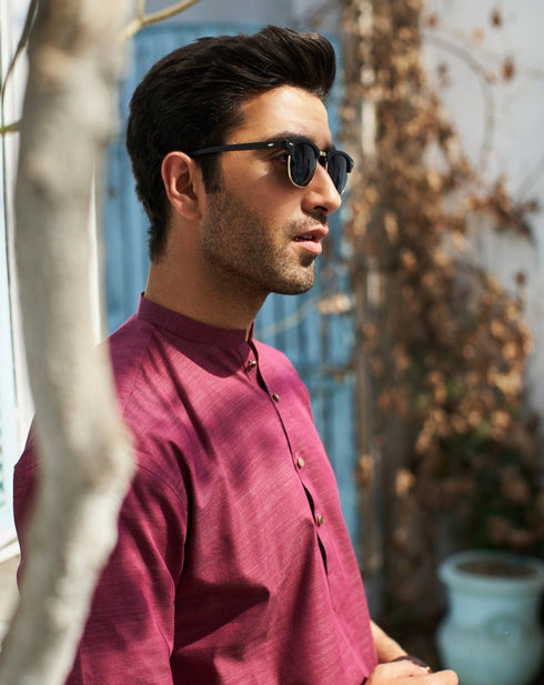 Textured Wine Cotton Kurta Trouser