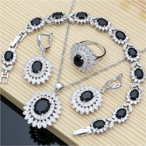 Black Zircon White Jewellery Set, Bracelet, Earrings, Ring, Necklace