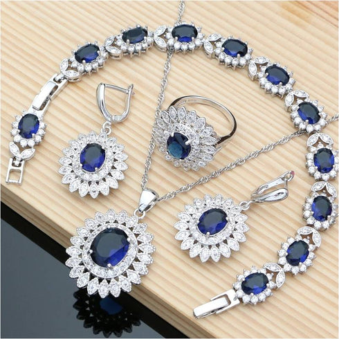 Blue Zircon White Silver Jewelry Set,Earrings/Pendant/Necklace/Rings/Bracelet