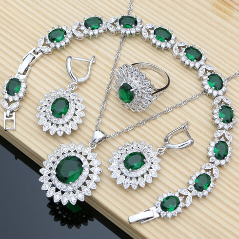 Zircon Green Silver Jewelry Sets For Women Party Earrings/Pendant/Necklace/Rings/Bracelet