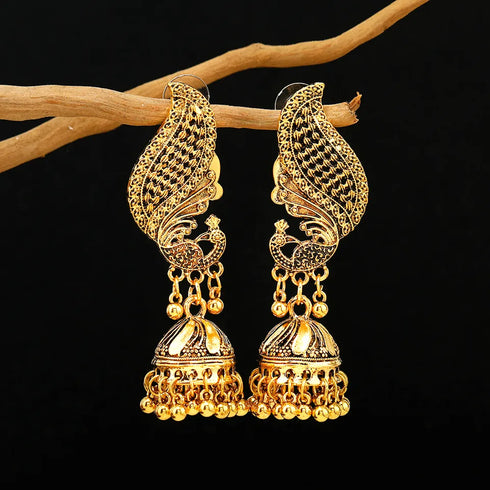 Antique Alloy Carved Peacock Beads Tassel Indian Earrings Jhumka