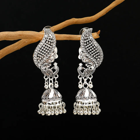 Antique Alloy Carved Peacock Beads Tassel Indian Earrings Jhumka