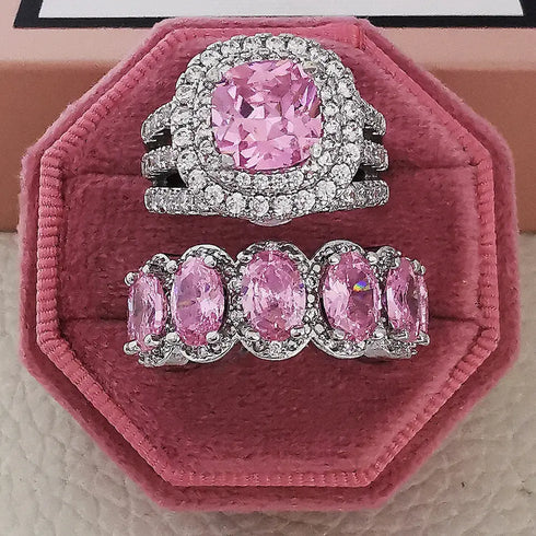 2Pcs/Set Full Rhinestone Crystal Engagement Ring 8A Cubic Zirconia Diamond Promise Wedding Ring