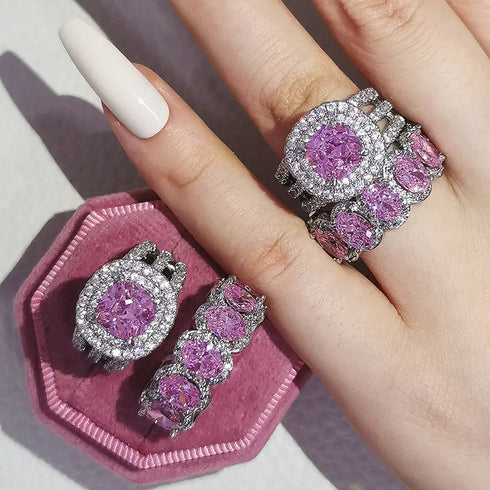 2Pcs/Set Full Rhinestone Crystal Engagement Ring 8A Cubic Zirconia Diamond Promise Wedding Ring