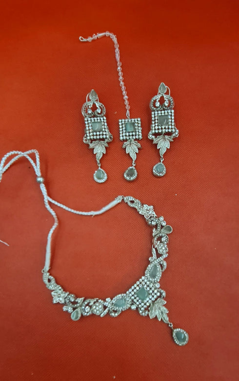 Gold Plated Handmade AD Necklace Set With Mang Tika, Earings
