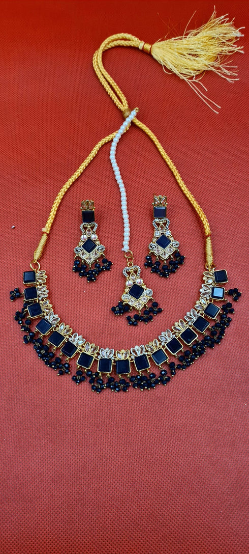 Premium Quality Gold Plated Handmade Necklace Set With Earrings, Mang Tika.