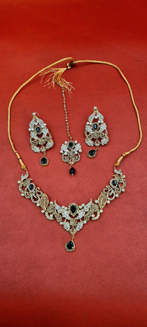 Premium Quality Gold Plated Handmade AD Necklace Set With Earrings, Mang Tika.