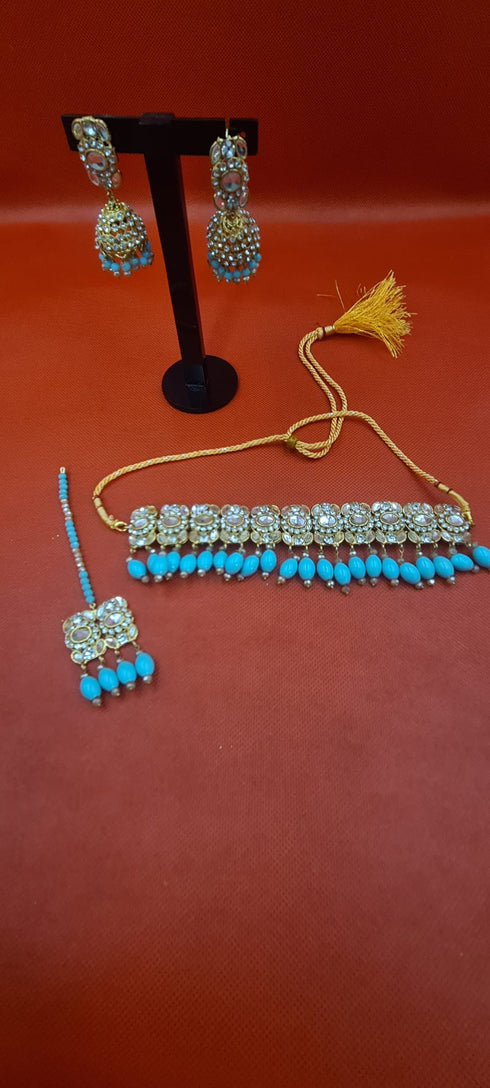 Light Blue/ Golden Rhinestones Chokar Set With Jhumka , Mang Tikka