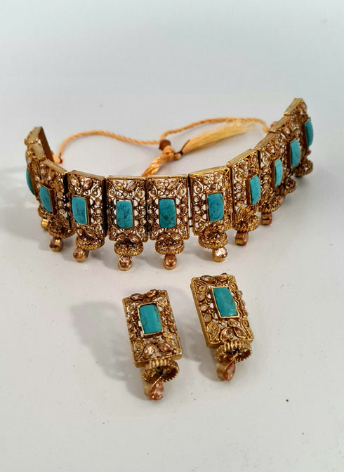 Gold Plated Kundan Chokar Set With Earrings, Indian Pakistani Traditional Jewellery