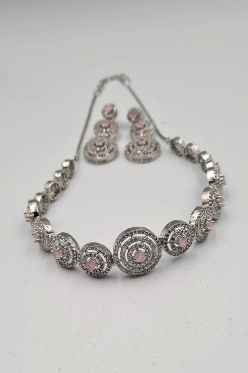 Premium Quality Zercon Necklace Set with Silver , Pink Stones.