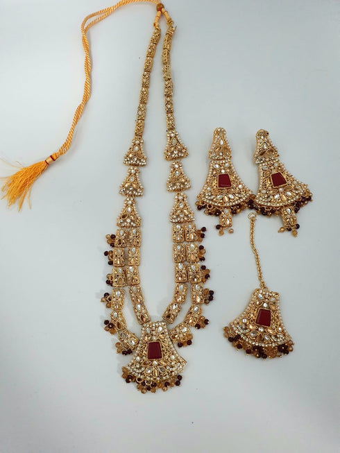 Gold Plated Long Kundan Necklace Set With Maang Tikka, Pak, Indian Traditional Jewellwery Set.